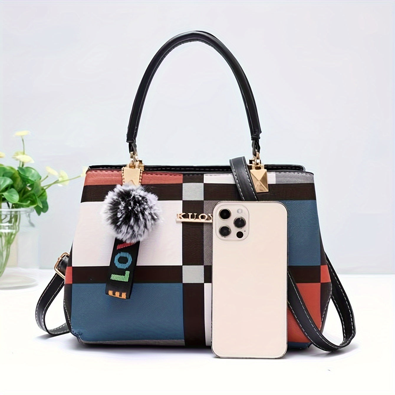 Stylish Grid Pattern Shoulder Bag - Top-Handle Bag with Magnetic Closure, Multiple Compartments, Spacious Interior, Perfect for Formal Occasions, Work, School, and Daily Use - Elegant and Practical Accessory